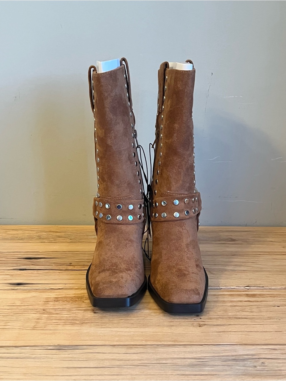 NIB Madden Nyc Women’s Brown Faux Suede Studded Mid-Calf Boots - Picture 2 of 10